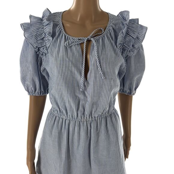 Caballero Blue Striped White Cloe Ruffle Tie Neck Cotton Dress - Picture 7 of 12